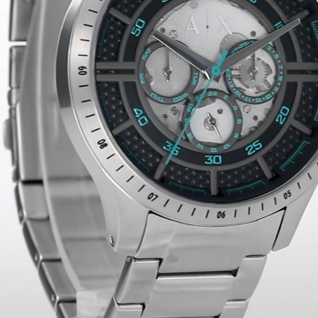 Close-up of Armani Exchange AX2459 dial showing multiple chronograph sub-dials and turquoise accents