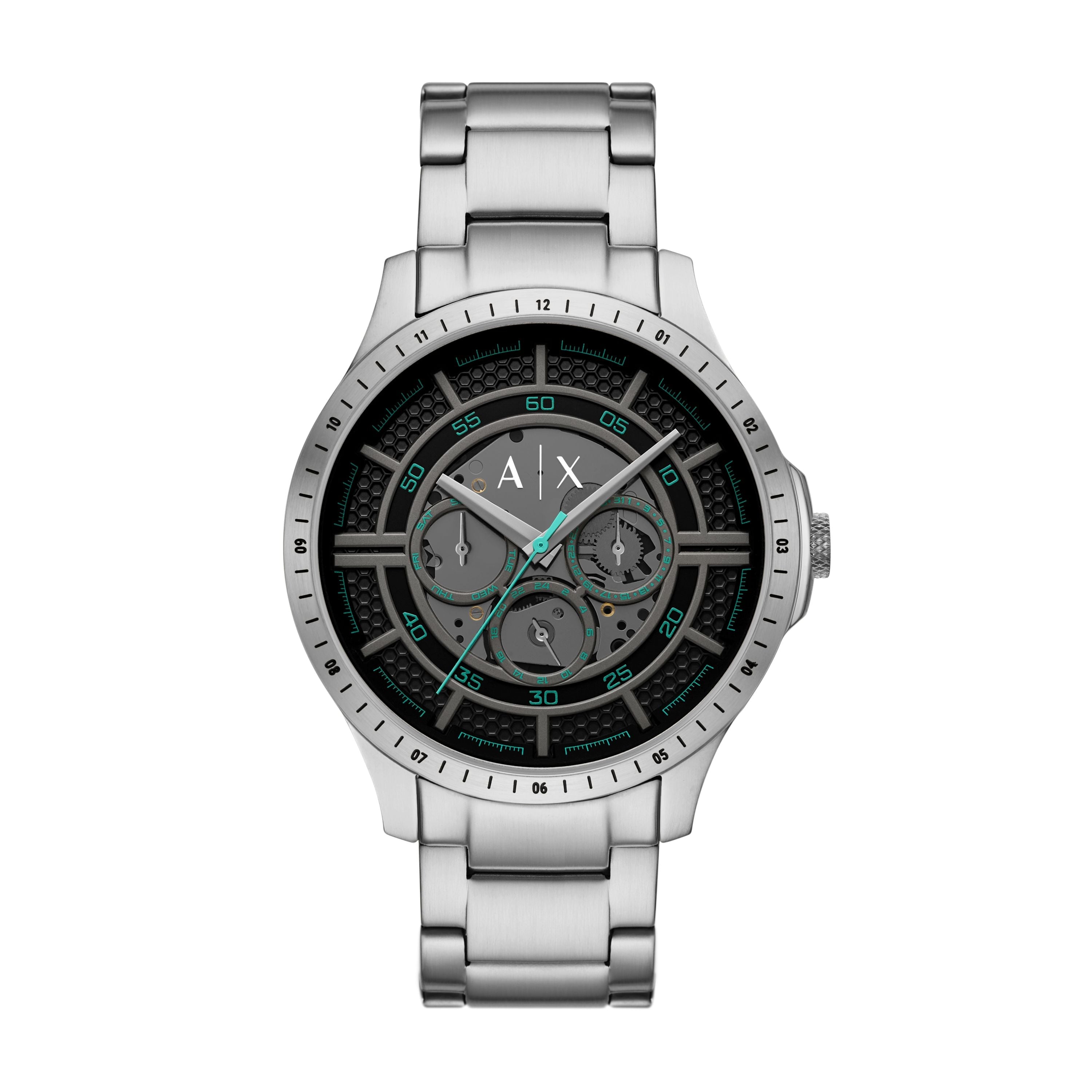 Armani Exchange AX2459 Hampton stainless steel multi-function watch with black and turquoise chronograph dial