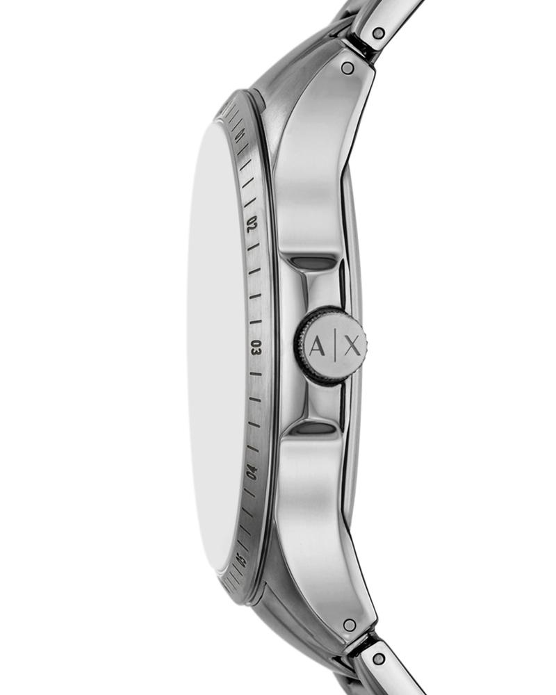 Side profile of Armani Exchange AX2459 Hampton watch showing case thickness and stainless steel bracelet