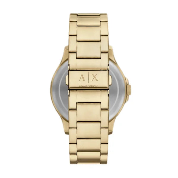 Armani Exchange Hampton watch caseback displaying gold-tone case, bracelet links, and transparent crystal window