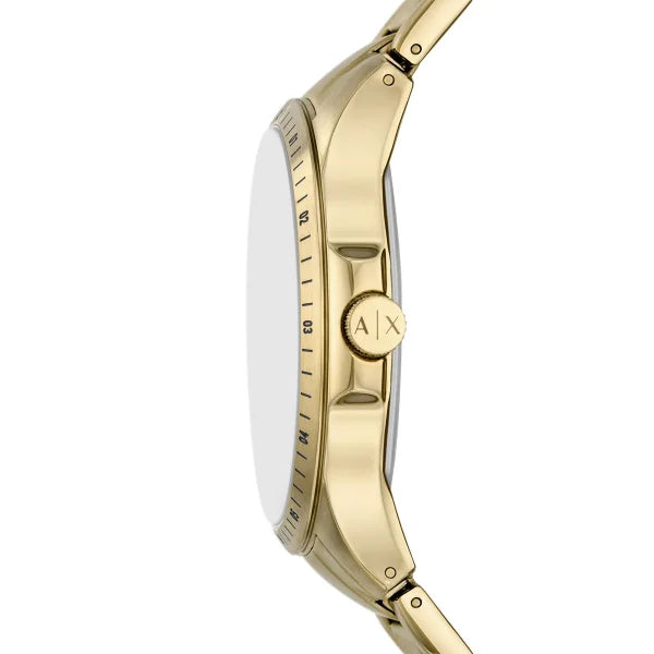 Side profile of Armani Exchange Hampton watch showing gold-tone case thickness and Armani Exchange logo crown