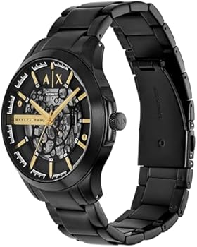 Armani Exchange Hampton watch at angle showing black bracelet and skeleton dial