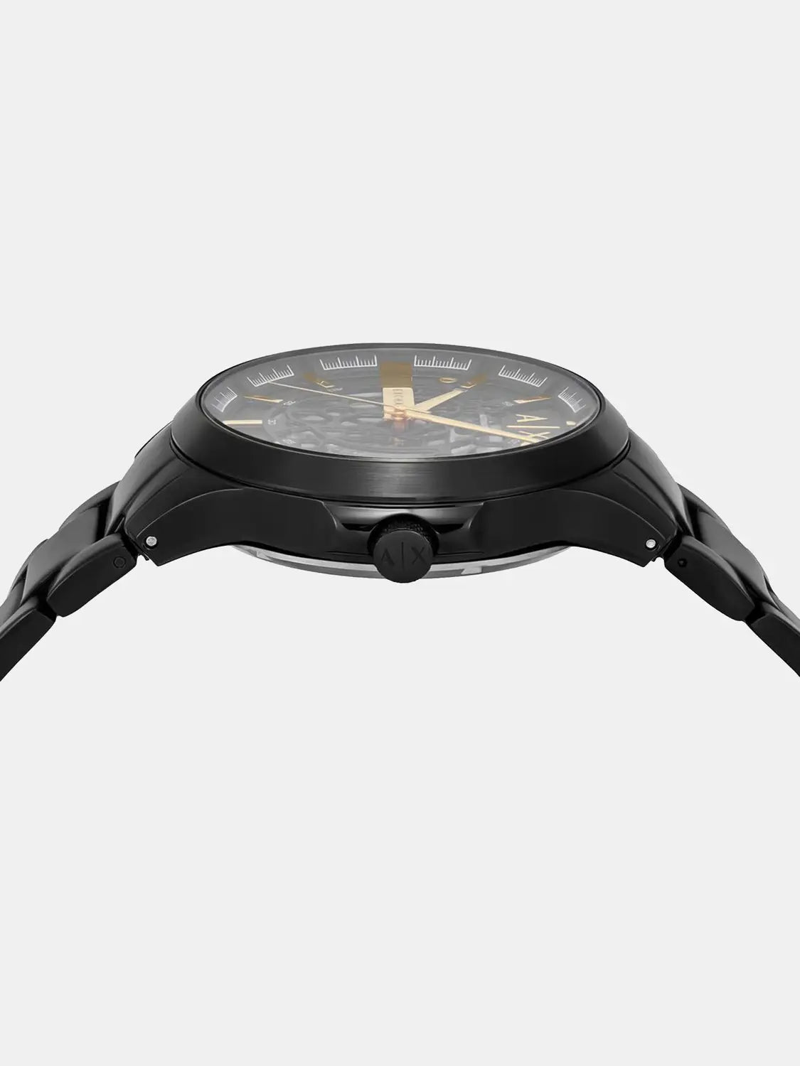 Side profile of Armani Exchange Hampton watch with black case and bracelet