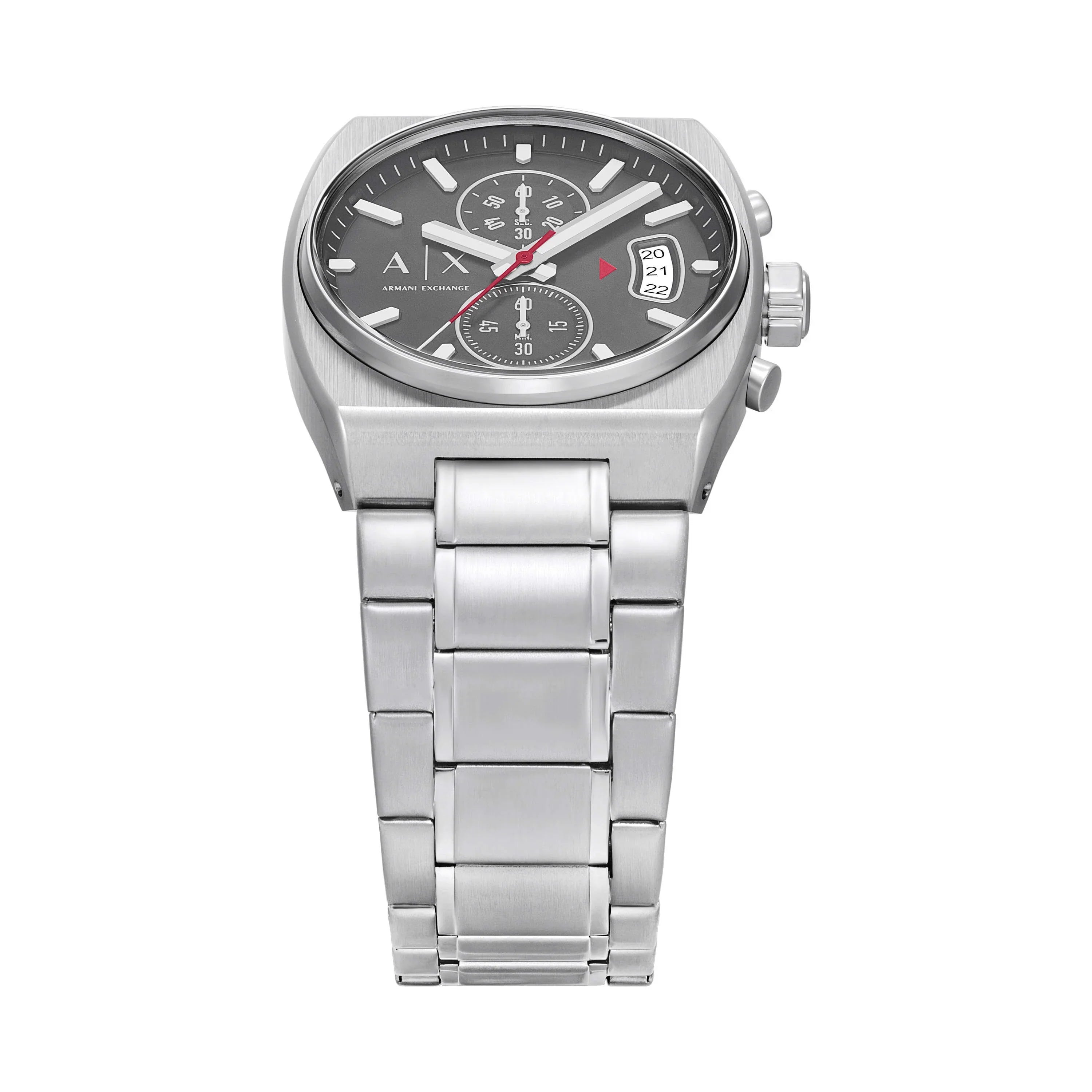 Armani Exchange Hampton AX2820 watch angled view showing grey dial and chronograph subdials