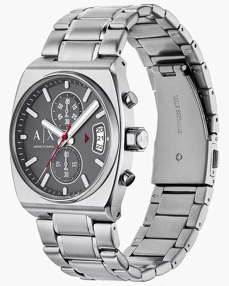 Side view of Armani Exchange Hampton AX2820 watch with silver stainless steel bracelet and case