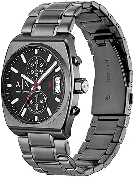 Three-quarter view of all-black Armani Exchange chronograph watch with metal band