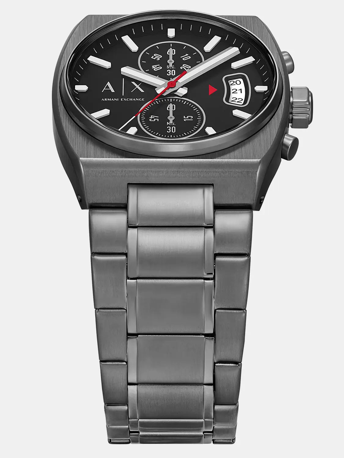 Front view of black stainless steel multifunction chronograph with subdials and date window