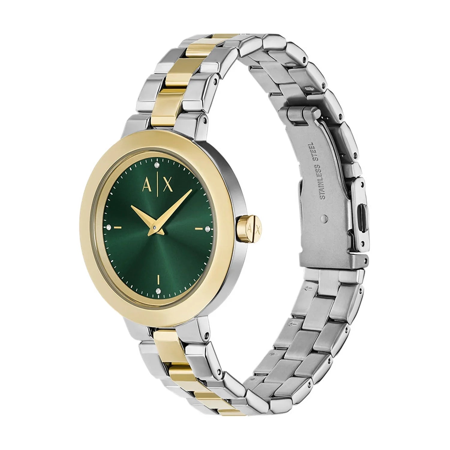 Armani Exchange Jackie watch worn on wrist showing green dial and two-tone metal bracelet