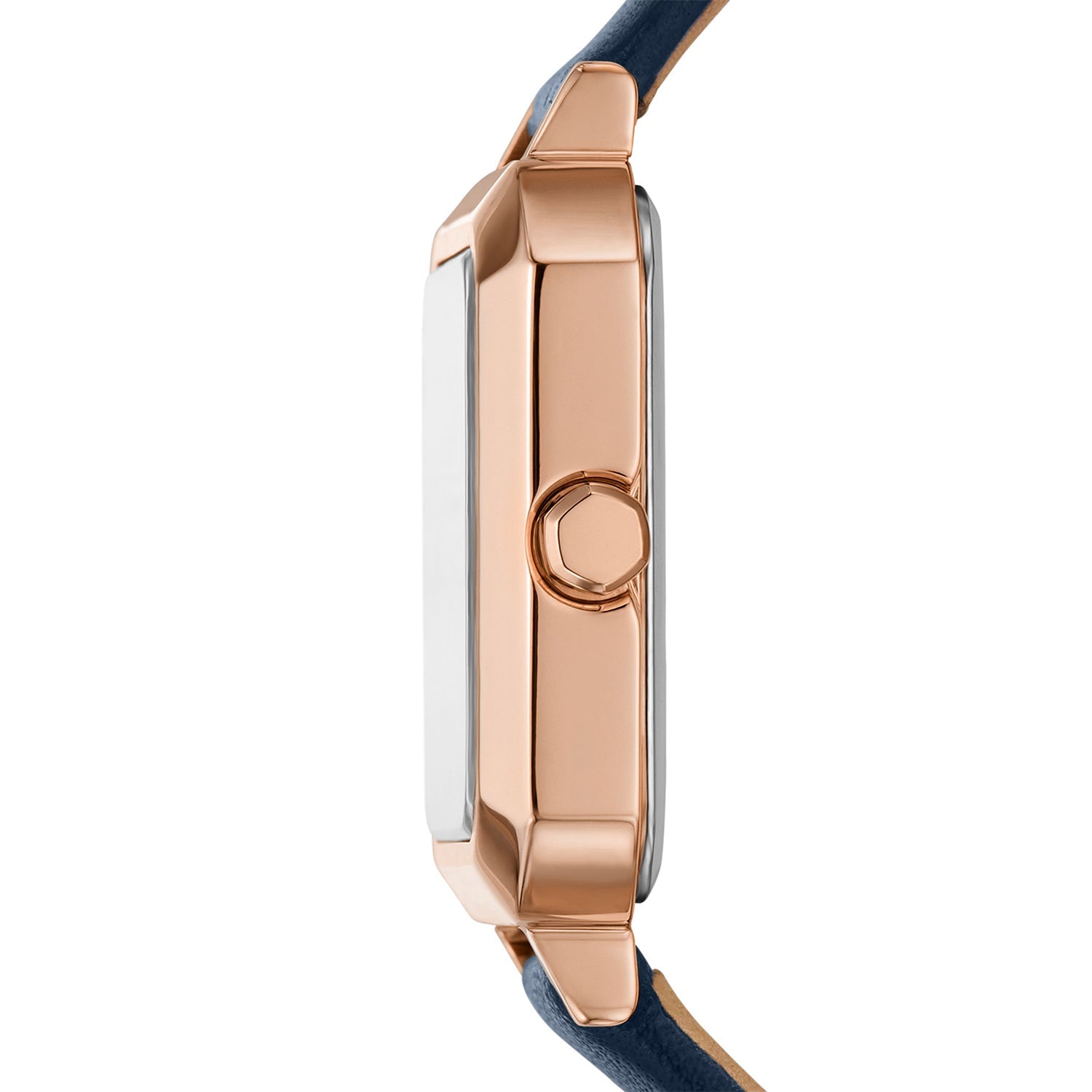 Side view of AX5722 showing rose gold case profile with blue leather strap
