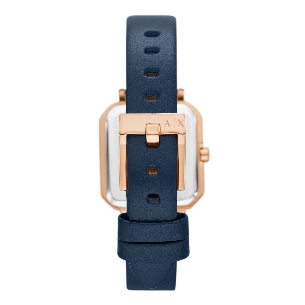 Armani Exchange AX5722 blue leather strap with rose gold buckle and branding