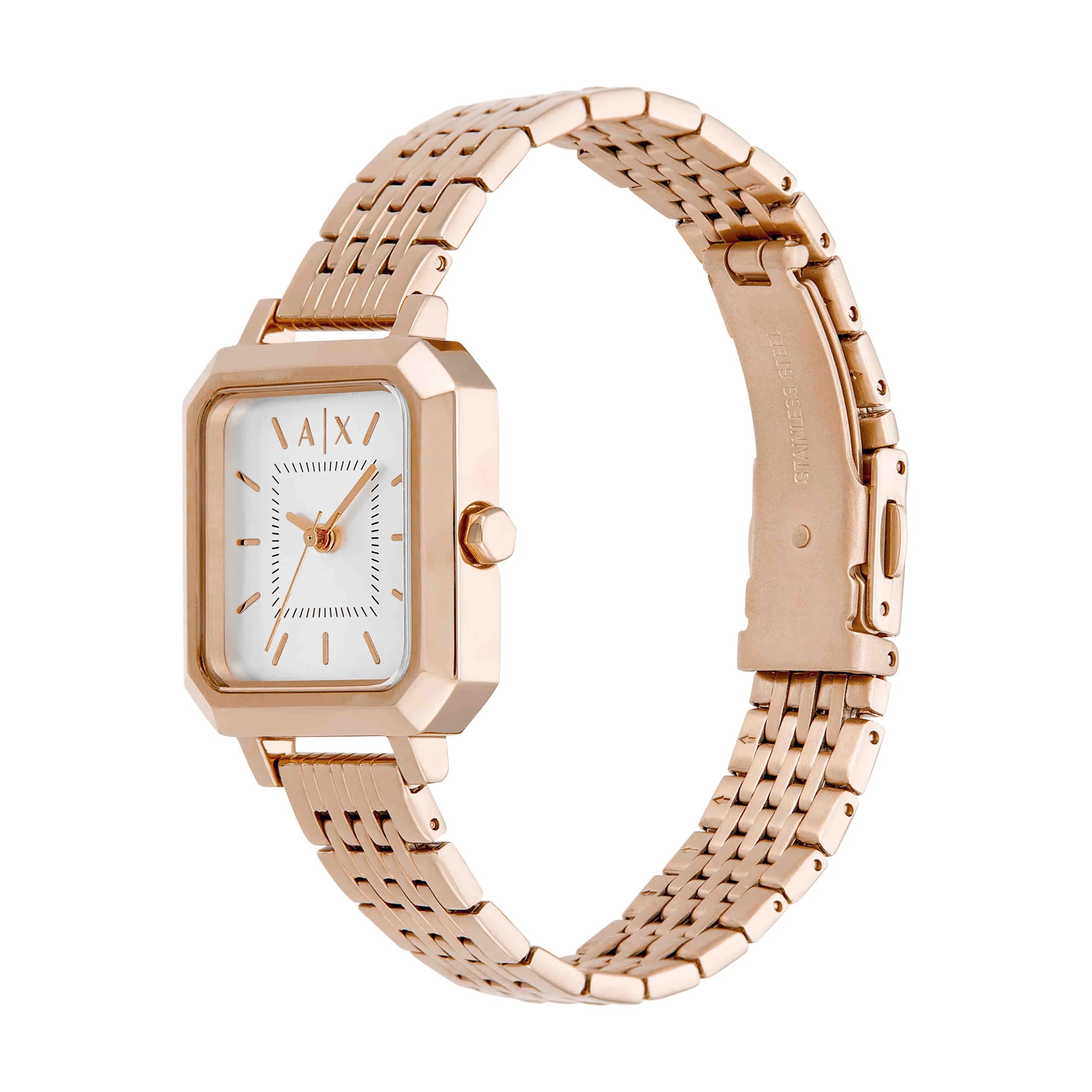 Armani Exchange LEILA rose gold watch displayed flat showing full bracelet strap length