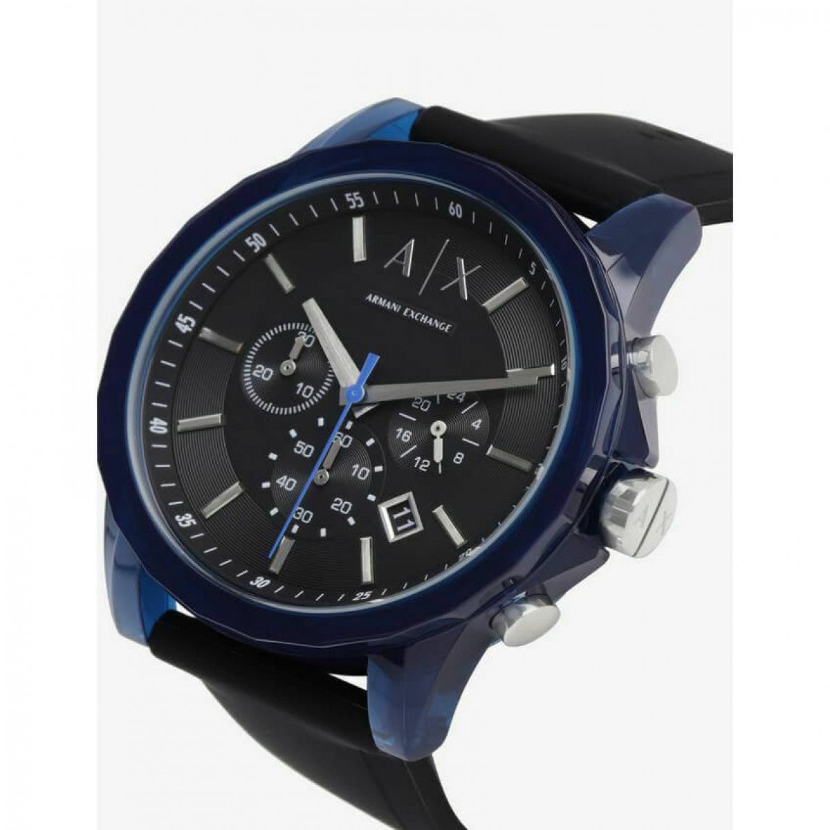 Armani Exchange Outerbanks AX1339 angled view showing blue case and chronograph subdials