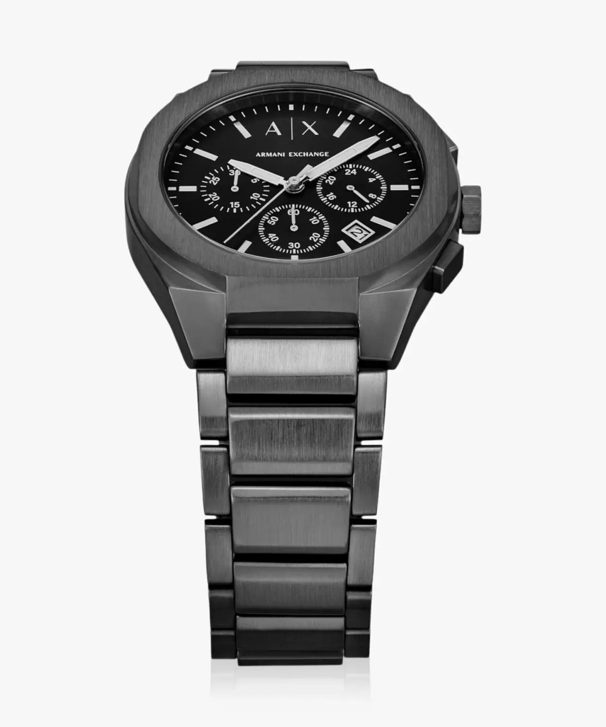 AX4183 Outerbanks chronograph watch angled view showing grey metal bracelet and black dial