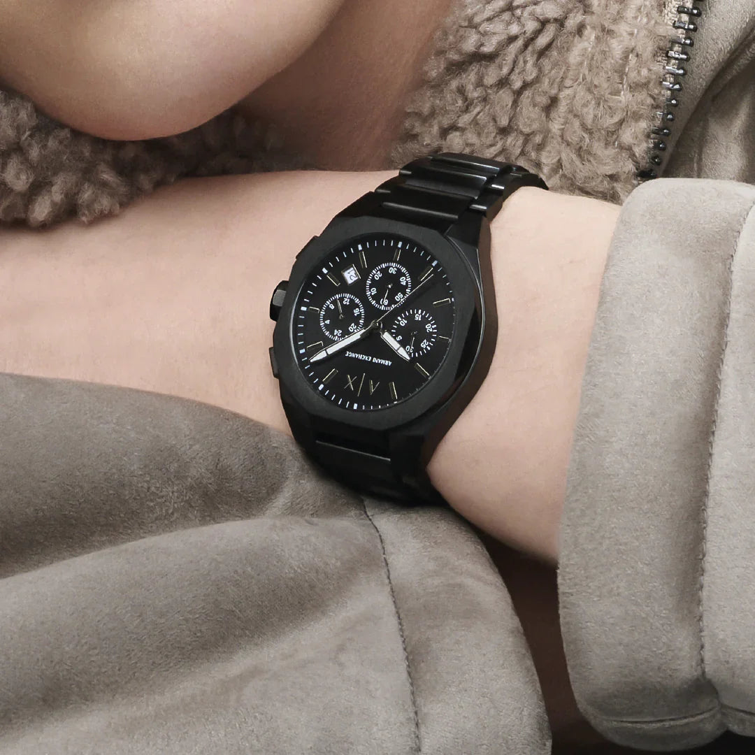 AX4183 Outerbanks chronograph watch worn on wrist with black dial and three chronograph subdials