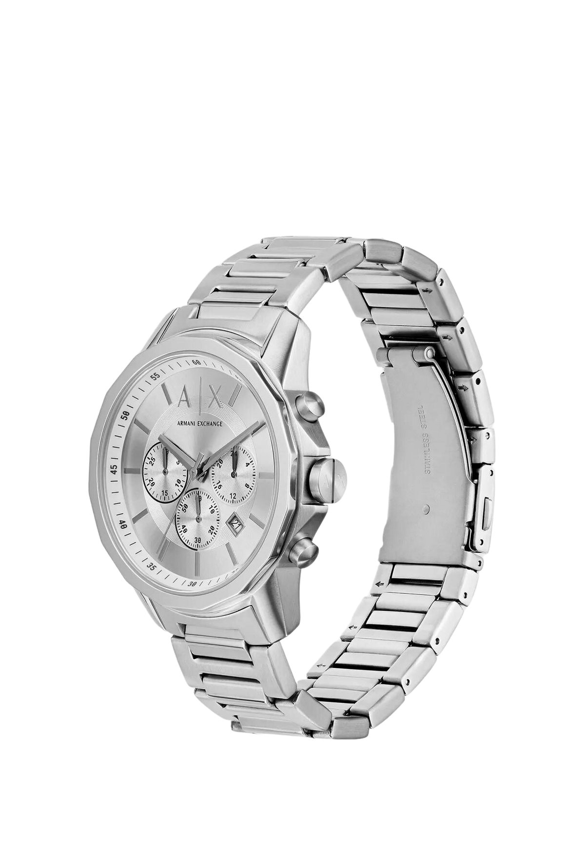 Armani Exchange Outerbanks AX7141 silver chronograph watch three-quarter angle view