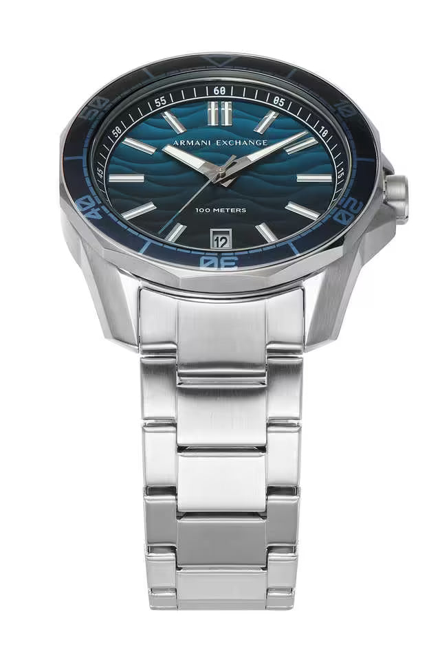 Armani Exchange Spencer ocean blue dial with silver bracelet, angled view showing dial detail