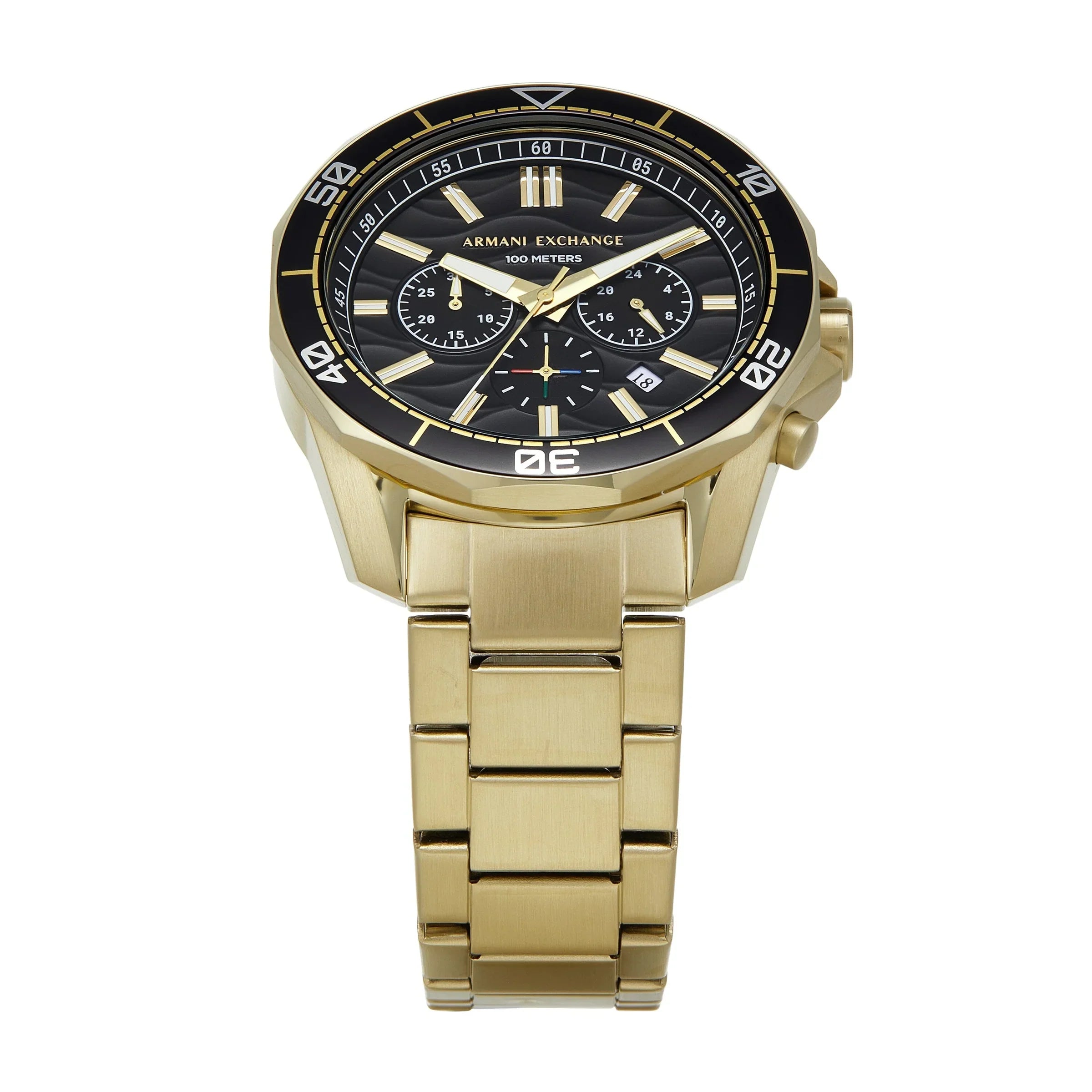 Armani Exchange Spencer AX1958 watch angled view showing gold case, black dial with subdials, and bracelet
