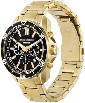 Side angle view of Armani Exchange Spencer AX1958 with gold-tone stainless steel bracelet and black bezel