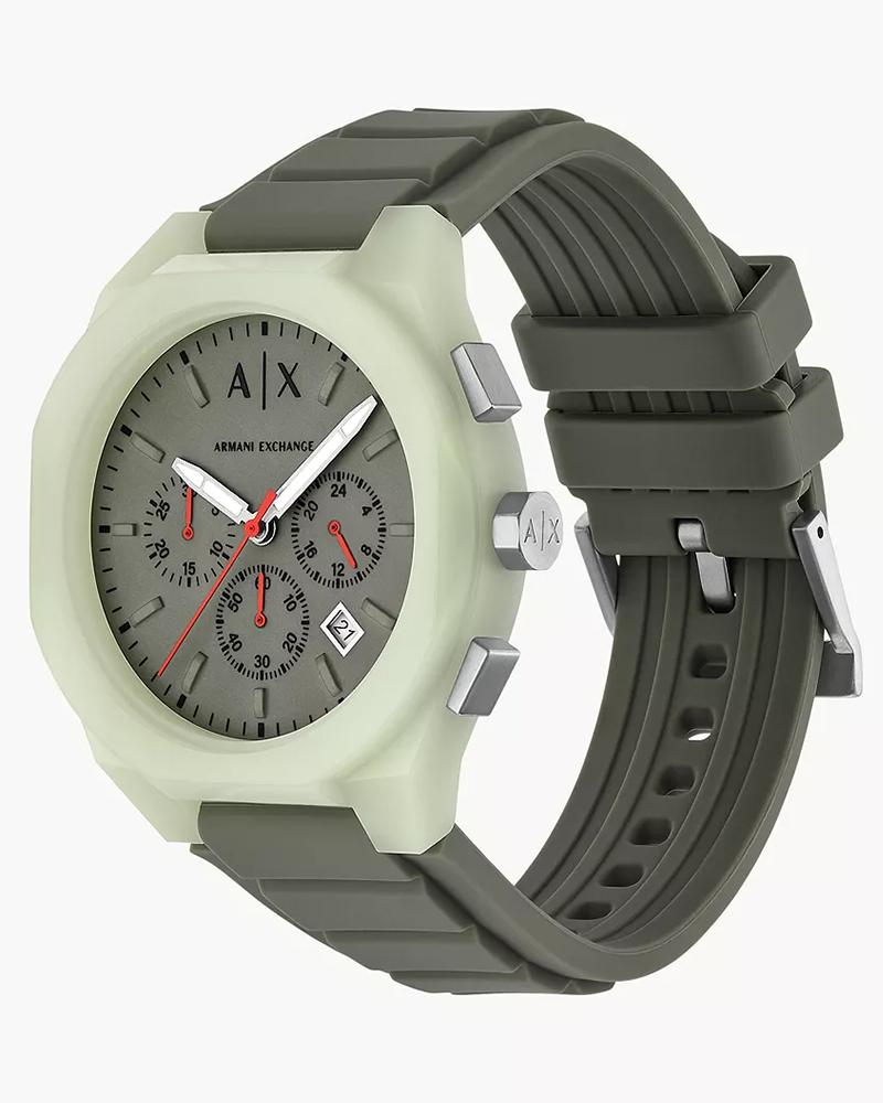 Armani Exchange Sync AX4171 three-quarter view showing pale mint case, gray dial, and olive rubber strap
