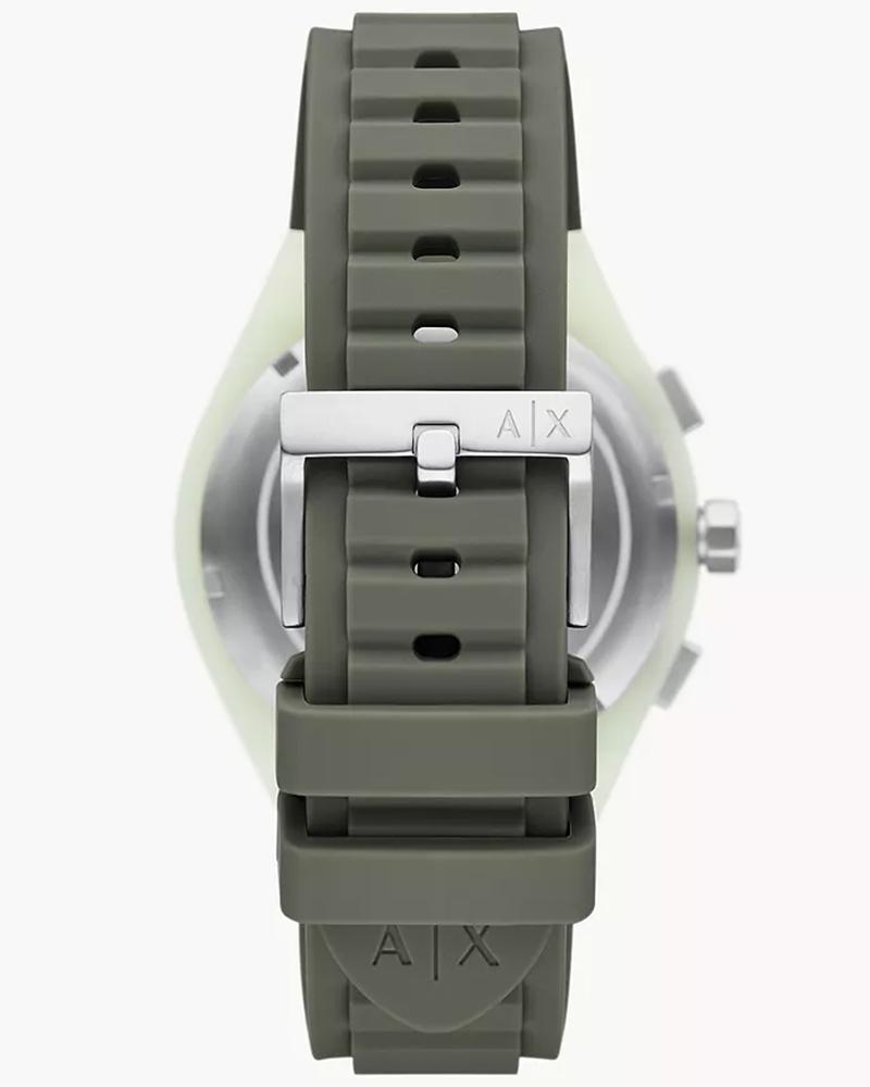 Armani Exchange Sync AX4171 caseback view showing olive rubber strap with deployment clasp
