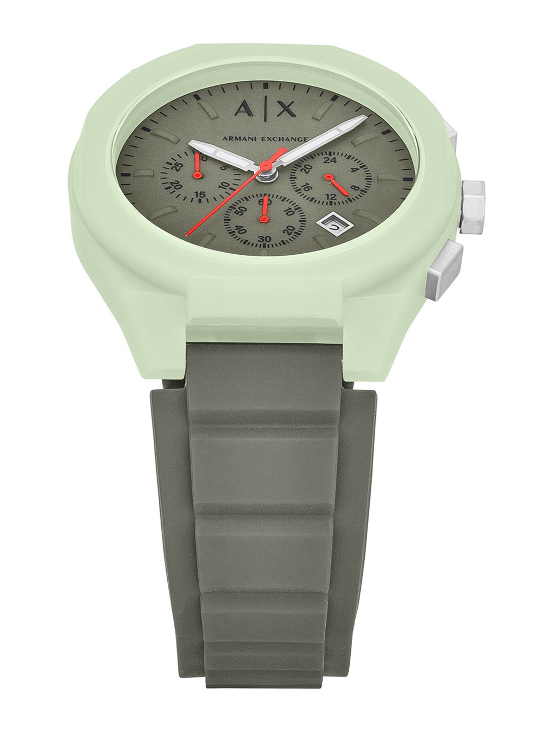 Armani Exchange Sync AX4171 dial detail showing chronograph subdials, red accents, and AX branding