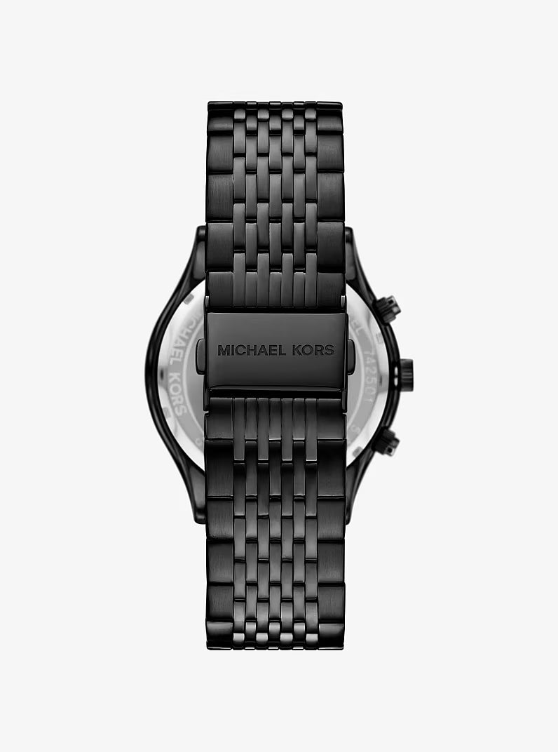 Caseback view of Aspyn watch displaying black-tone steel bracelet and case construction