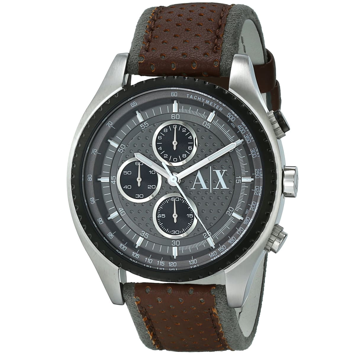 Armani Exchange AX1601 watch angled view showing gray dial with three black subdials