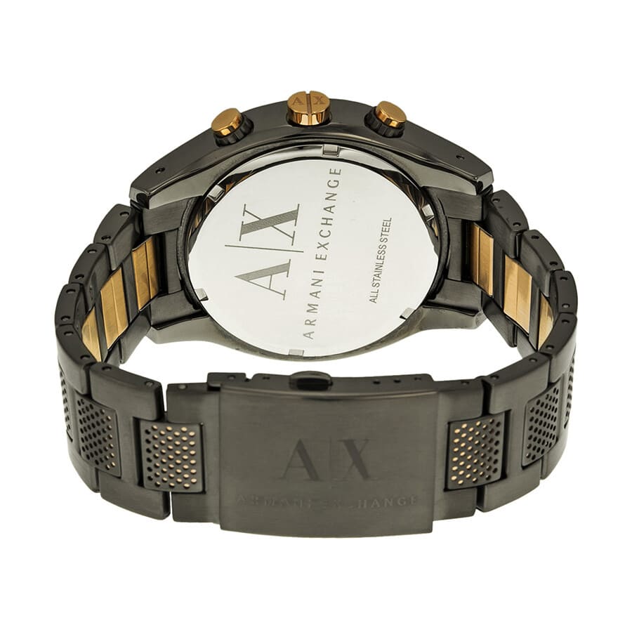 Armani Exchange AX1603 caseback with engraved branding and stainless steel mesh bracelet