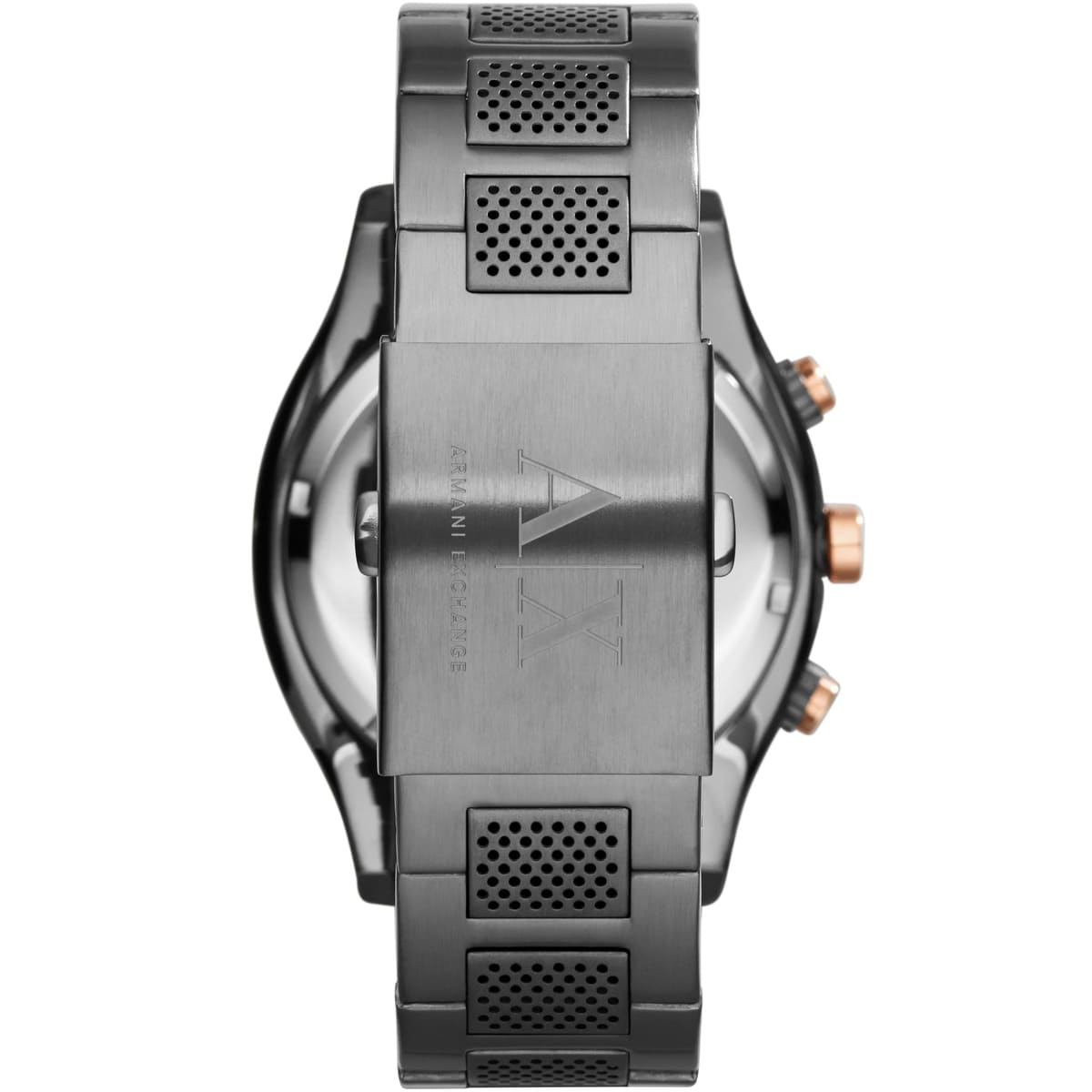 Caseback of Armani Exchange AX1603 showing engraved gunmetal case with stainless steel mesh strap