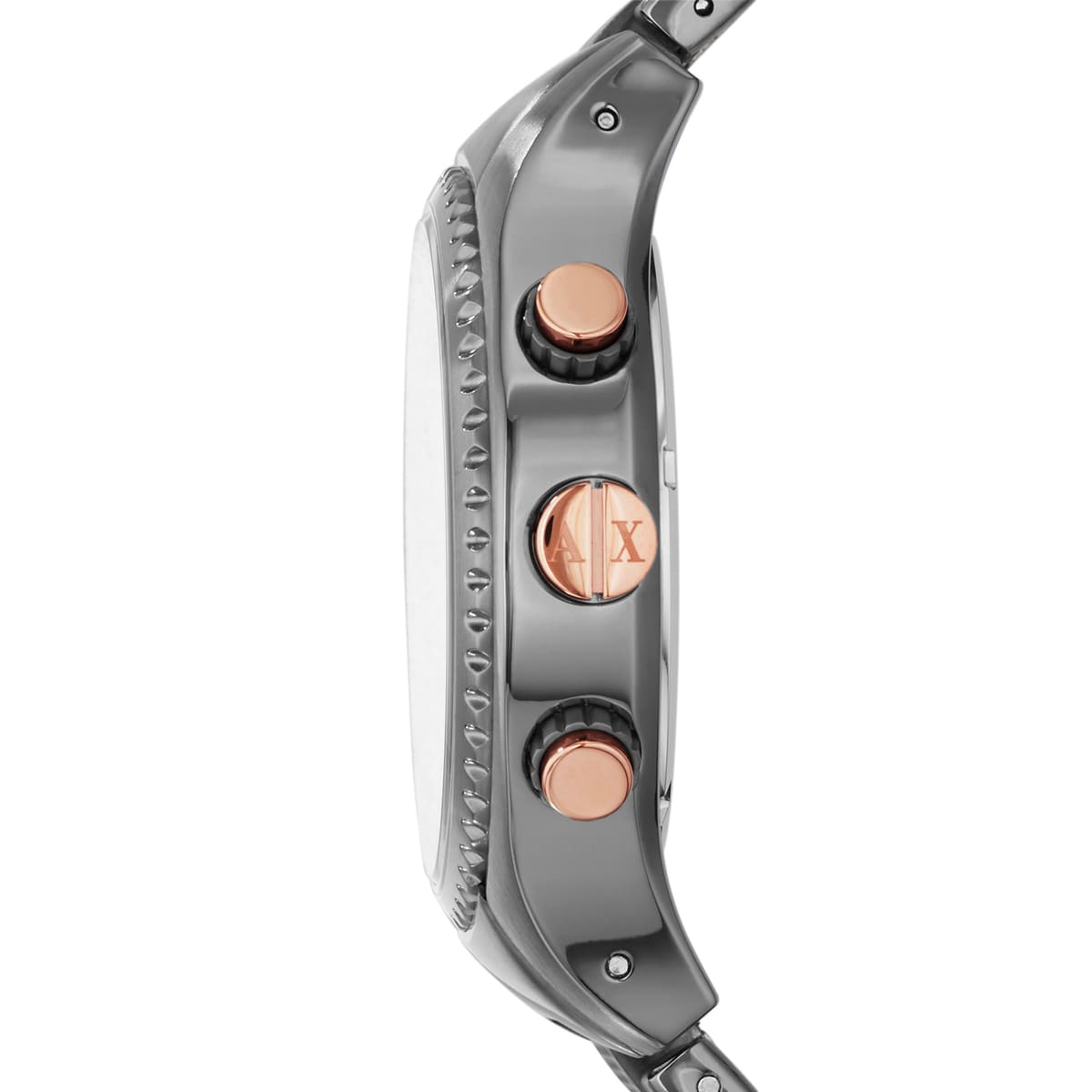 Side view of AX1603 Armani Exchange gunmetal chronograph with rose gold pushers and bracelet