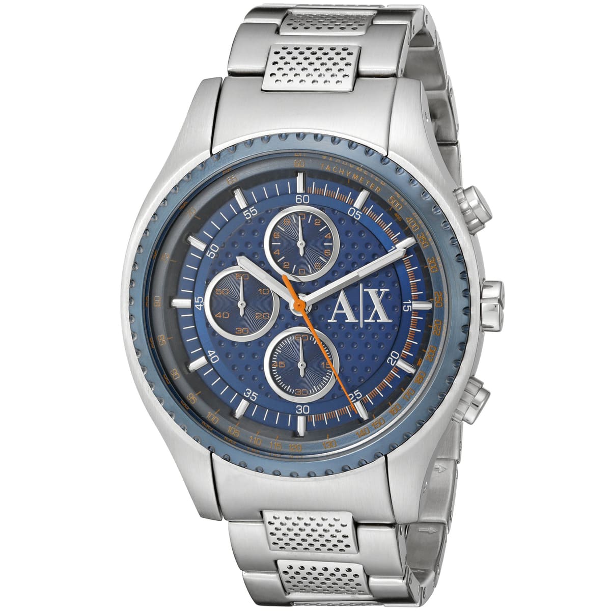 Armani Exchange AX1607 watch blue chronograph dial with orange accents and silver mesh strap, angled view