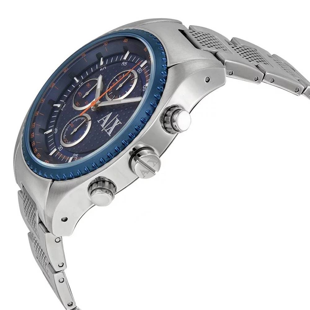 Side view of Armani Exchange AX1607 watch showing case profile with pushers and blue dial