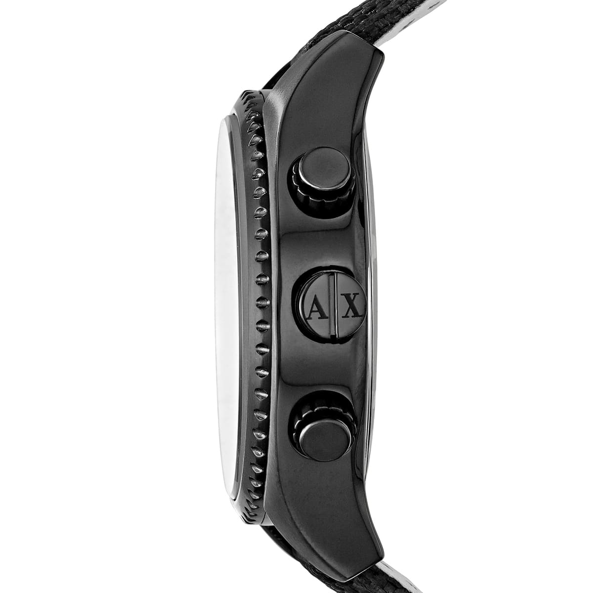 AX1610 watch side view displaying crown and chronograph pushers with black fiber strap