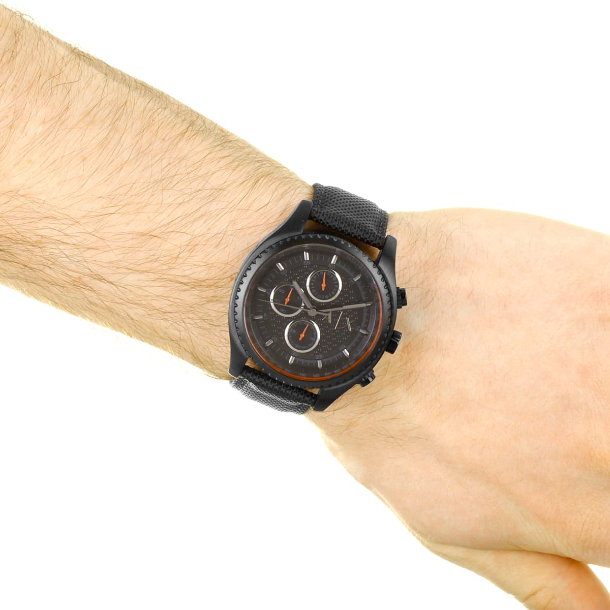 AX1610 watch on-wrist view from alternate angle displaying chronograph dial and strap