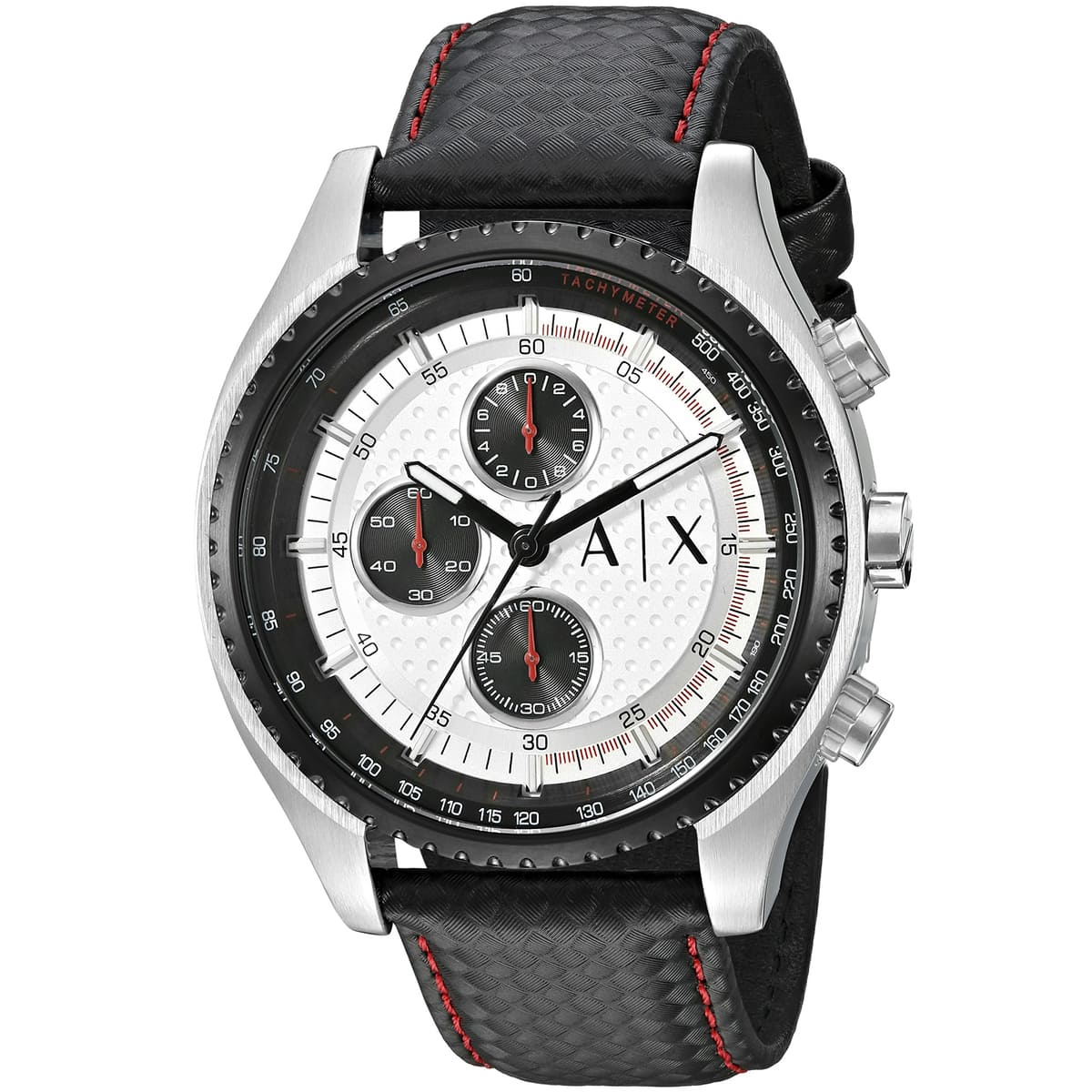 Armani Exchange AX1611 mens chronograph with white dial, three black subdials, and red-stitched leather