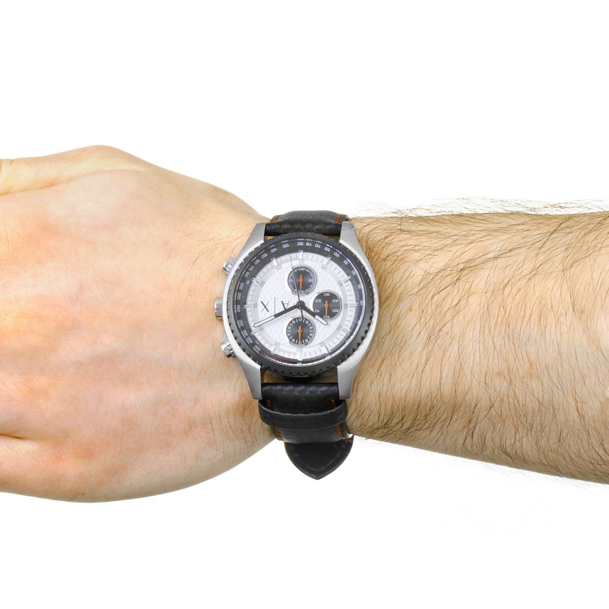 Armani Exchange AX1611 chronograph watch worn on wrist with black leather strap