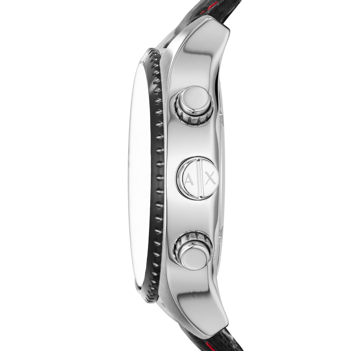 Armani Exchange AX1611 side profile showing stainless steel case, crown, and pushers