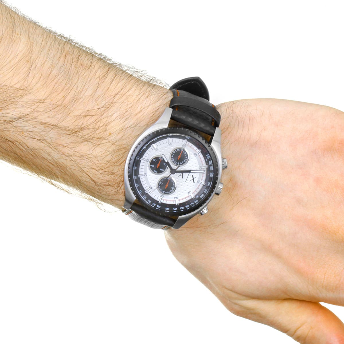 Armani Exchange AX1611 timepiece on wrist displaying white dial and chronograph subdials