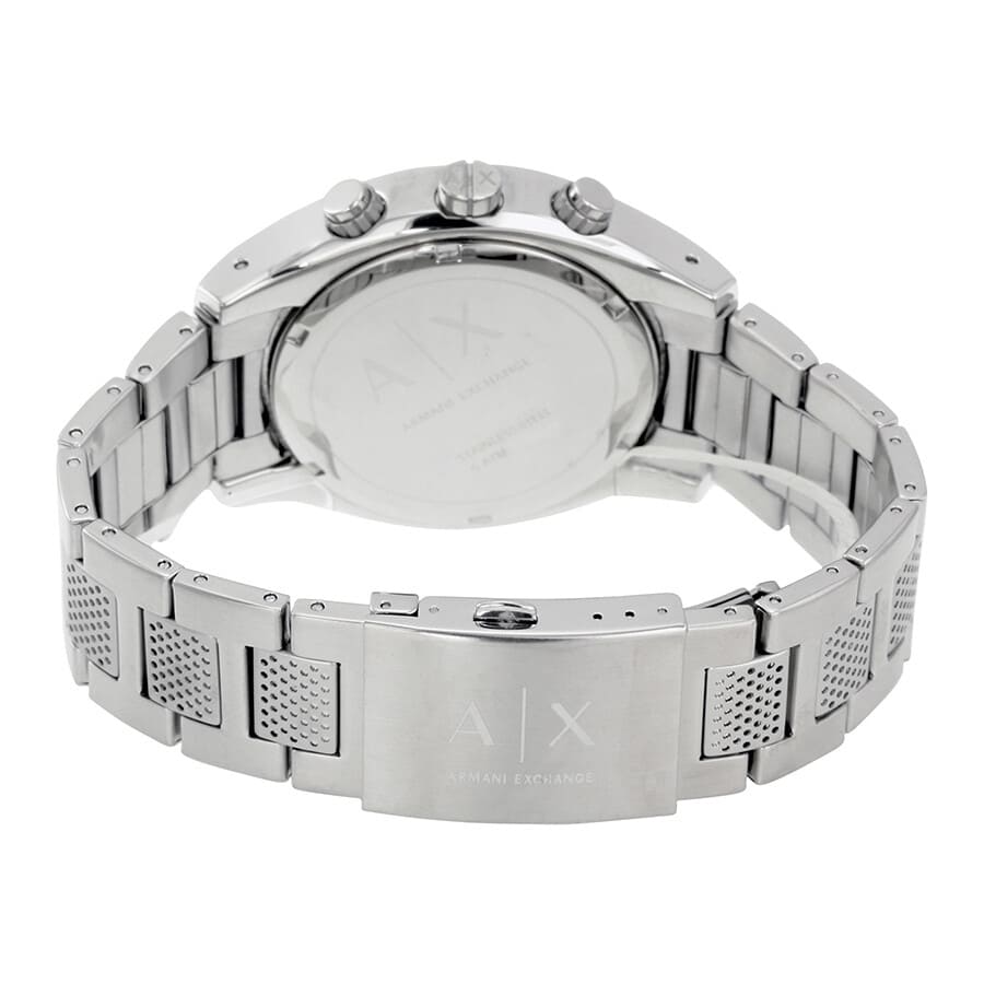 Armani Exchange The Driver watch caseback showing silver stainless steel with AX branding and mesh bracelet