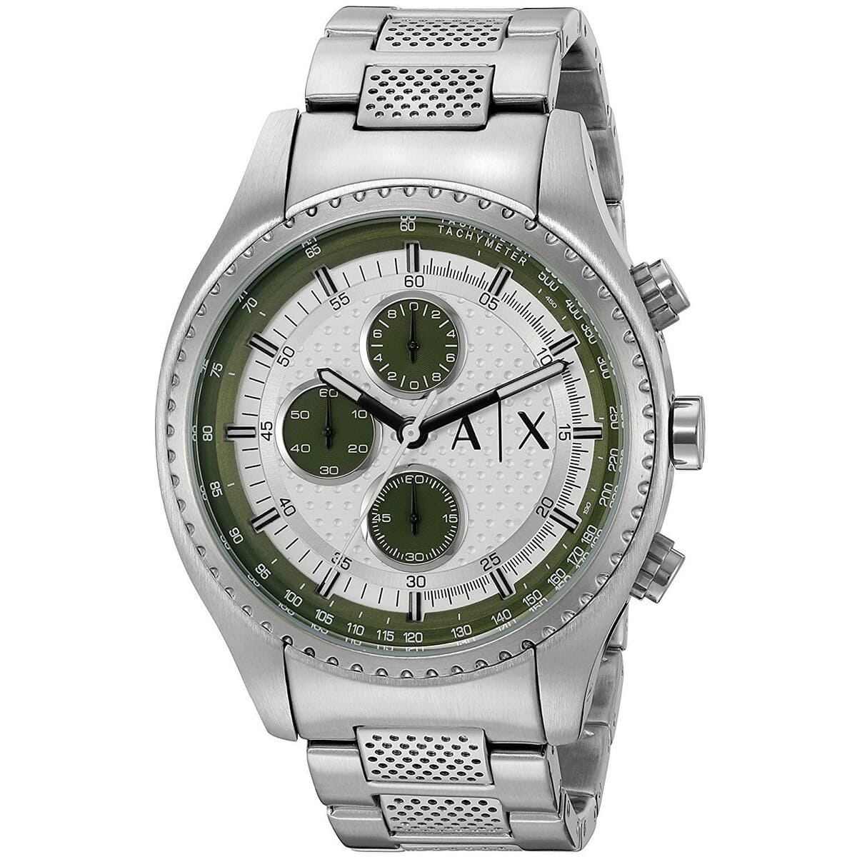 Armani Exchange AX1613 The Driver chronograph displaying white and green dial with three subdials and stainless steel strap