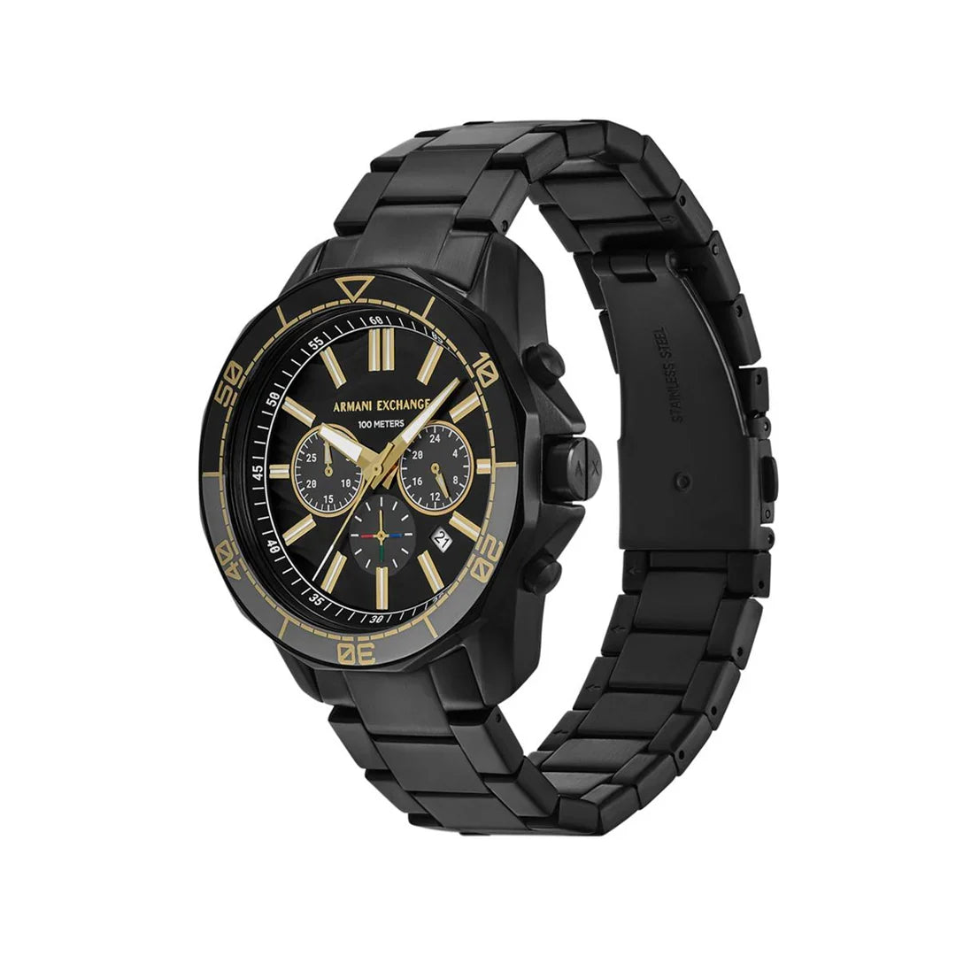Armani Exchange Spencer AX1963 chronograph watch angled view showing case and black steel bracelet