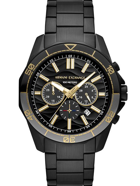 Armani Exchange Spencer AX1963 black dial chronograph watch with gold accents and black steel bracelet