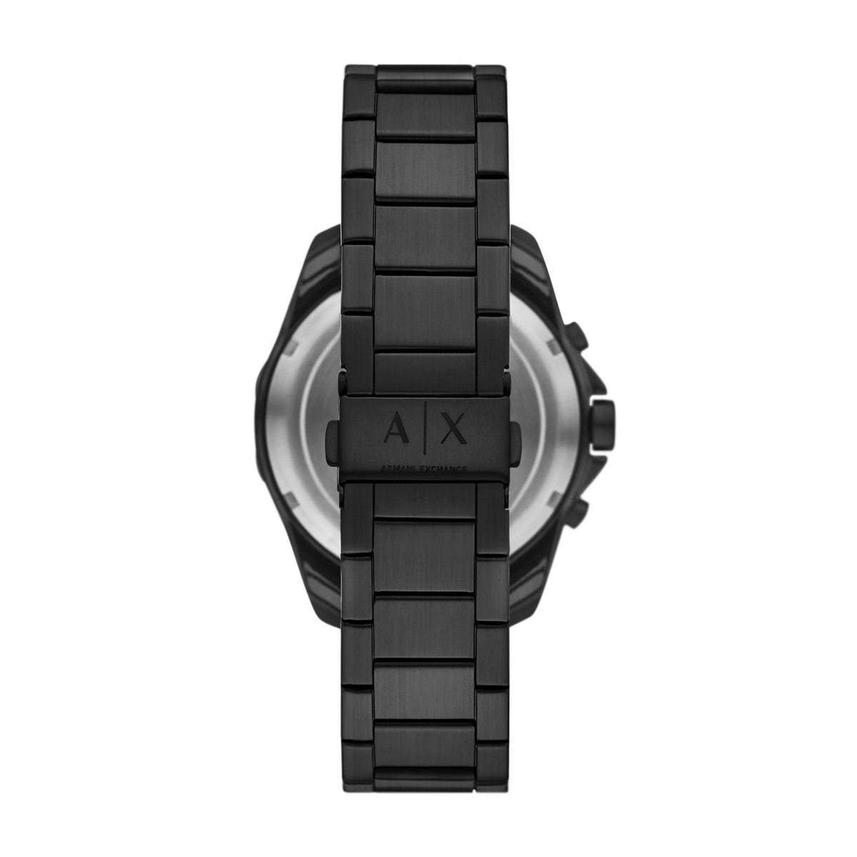 Armani Exchange Spencer AX1963 watch caseback showing AX logo and black steel bracelet