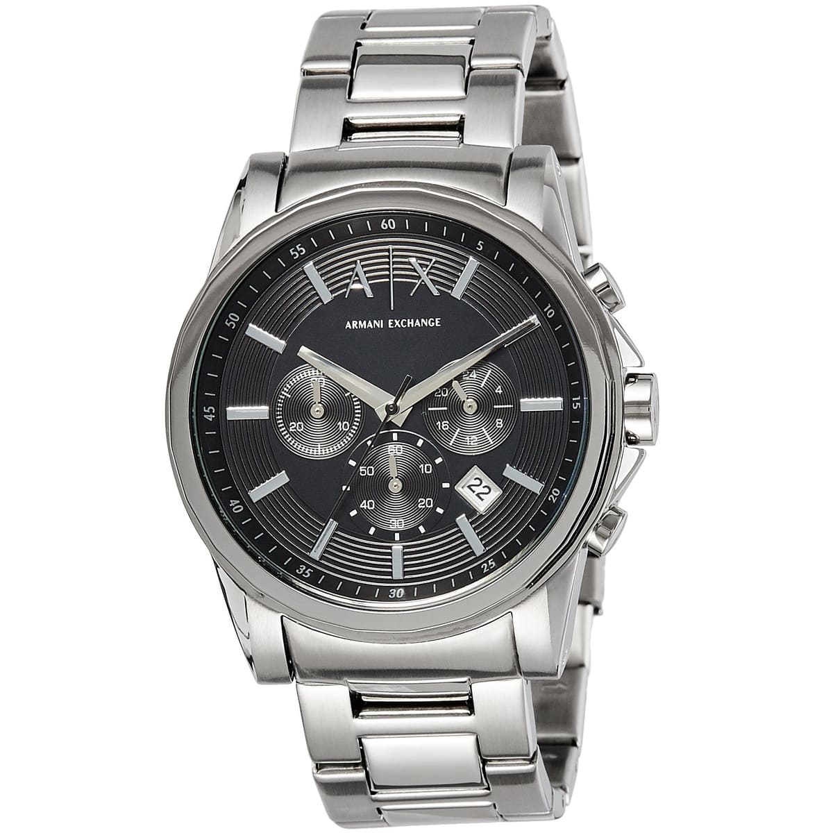 Armani Exchange Outerbanks AX2084 front view with black dial, Arabic hour markers, and chronograph subdials