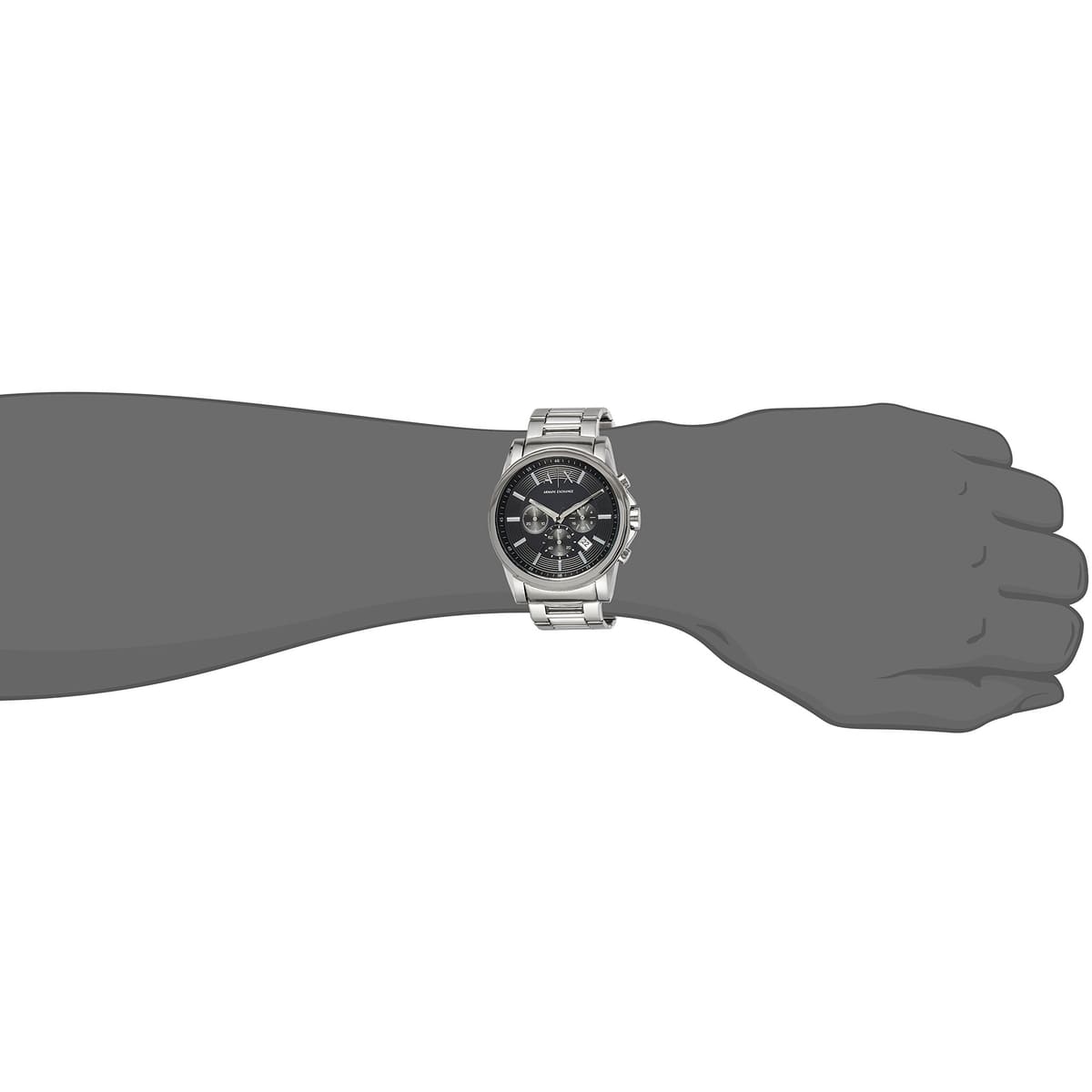 Armani Exchange Outerbanks AX2084 on wrist showing black dial chronograph watch with silver stainless steel case