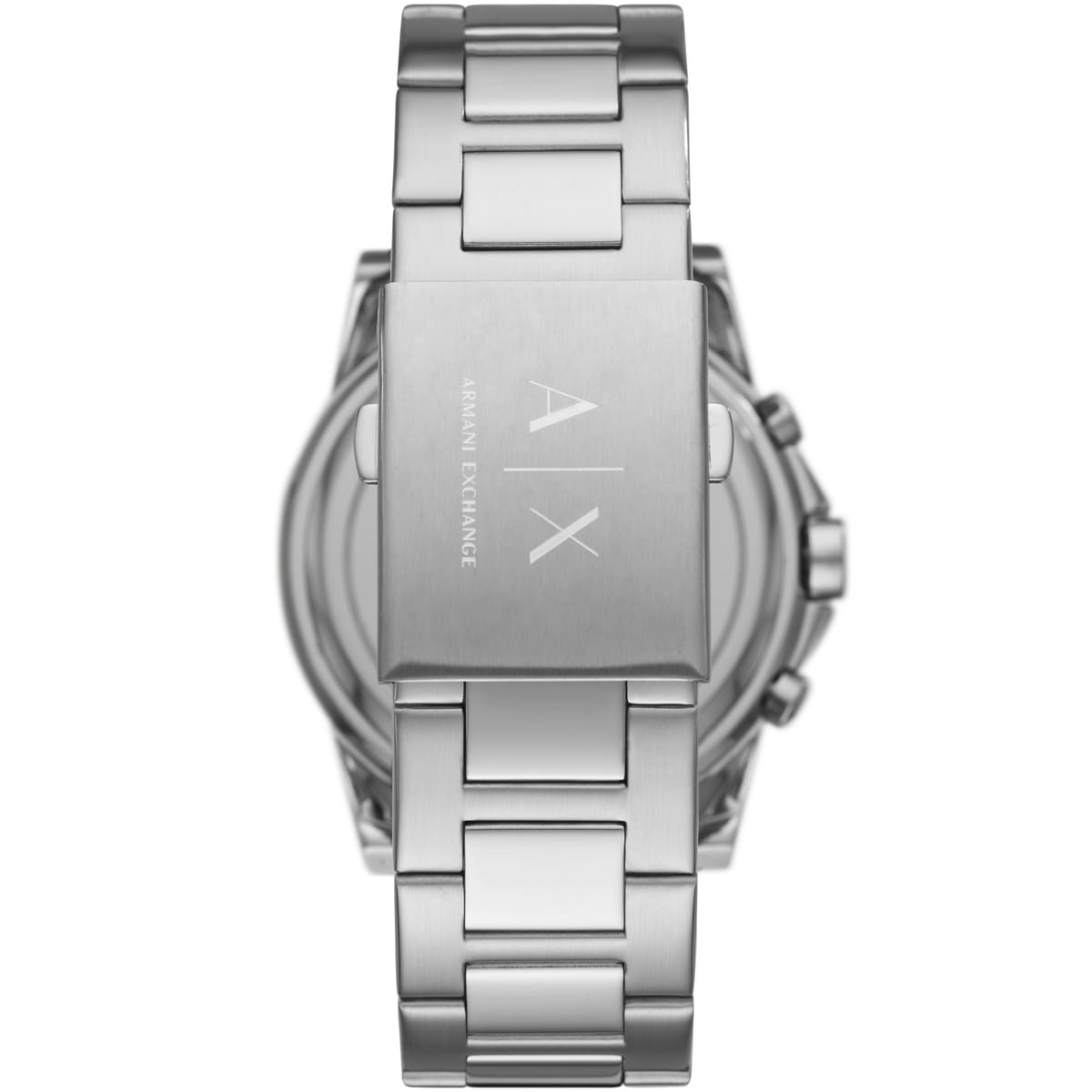 Armani Exchange Outerbanks AX2084 caseback showing stainless steel case with engraved AX logo