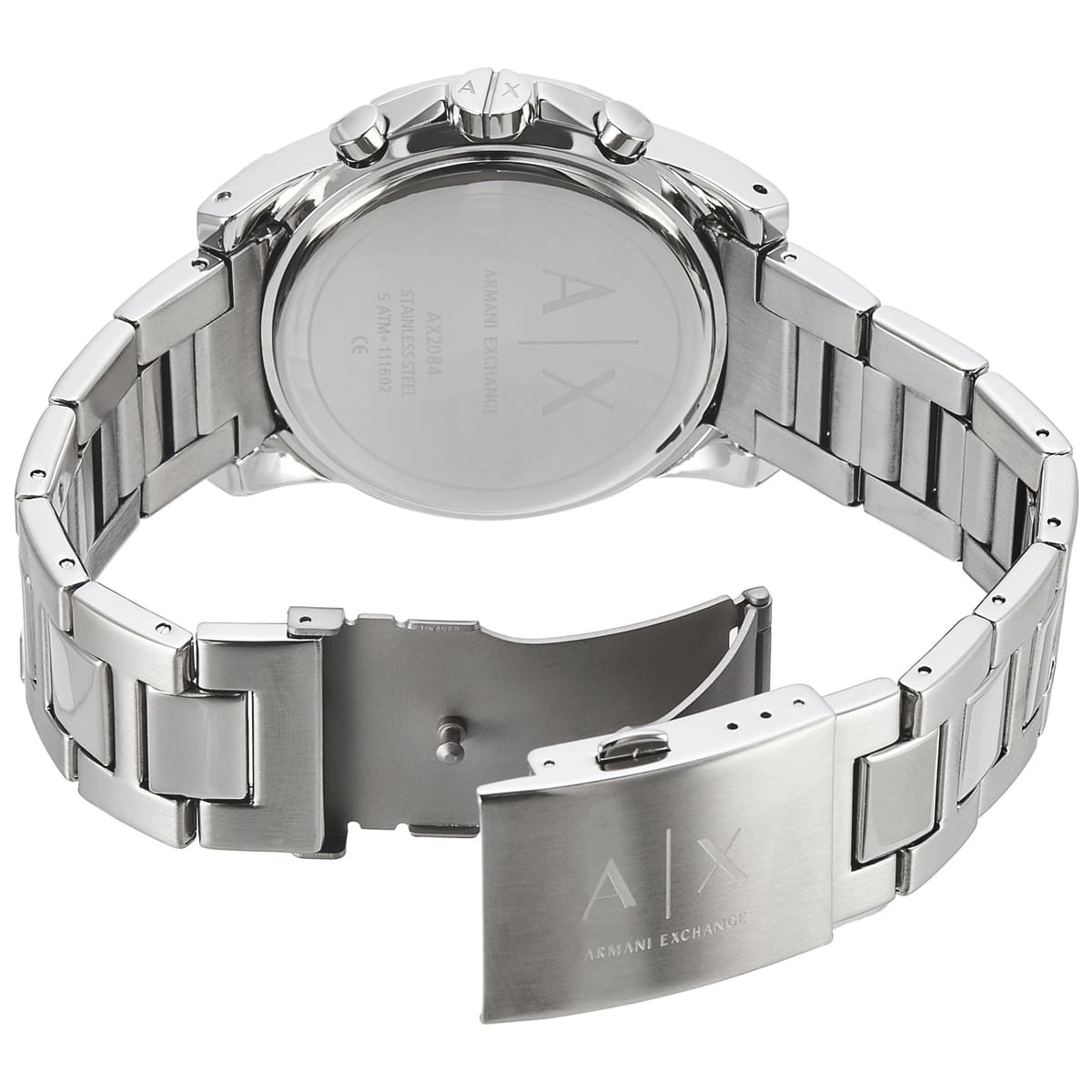 Armani Exchange Outerbanks AX2084 stainless steel metal bracelet with fold-over clasp and engraved caseback