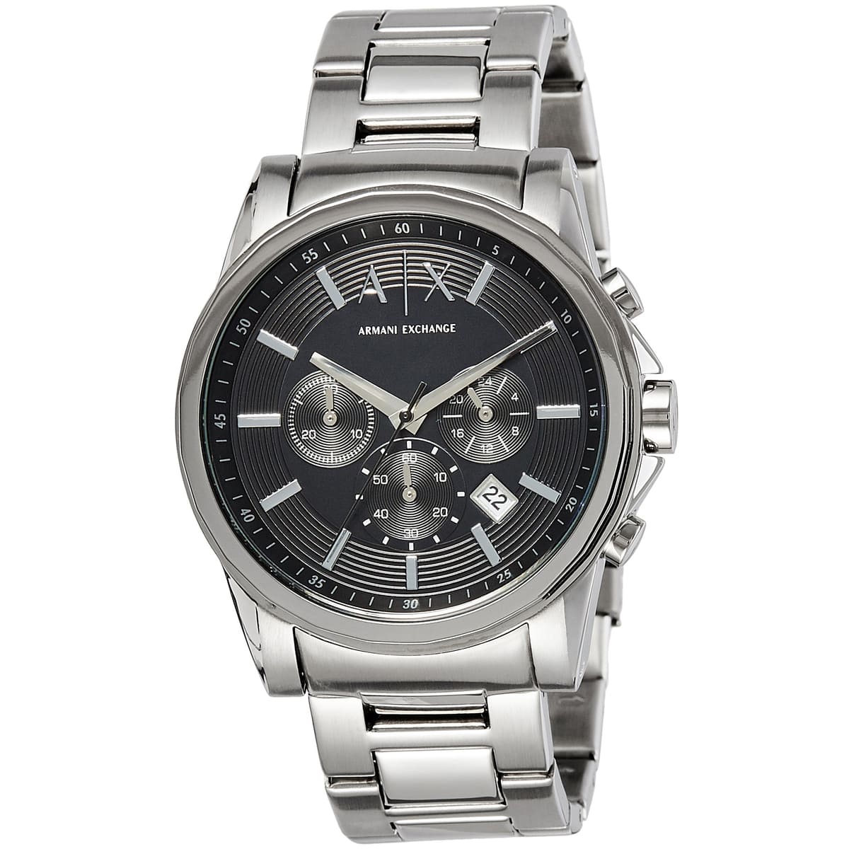 AX2092 Armani Exchange chronograph watch angled view showing black dial and silver metal strap detail