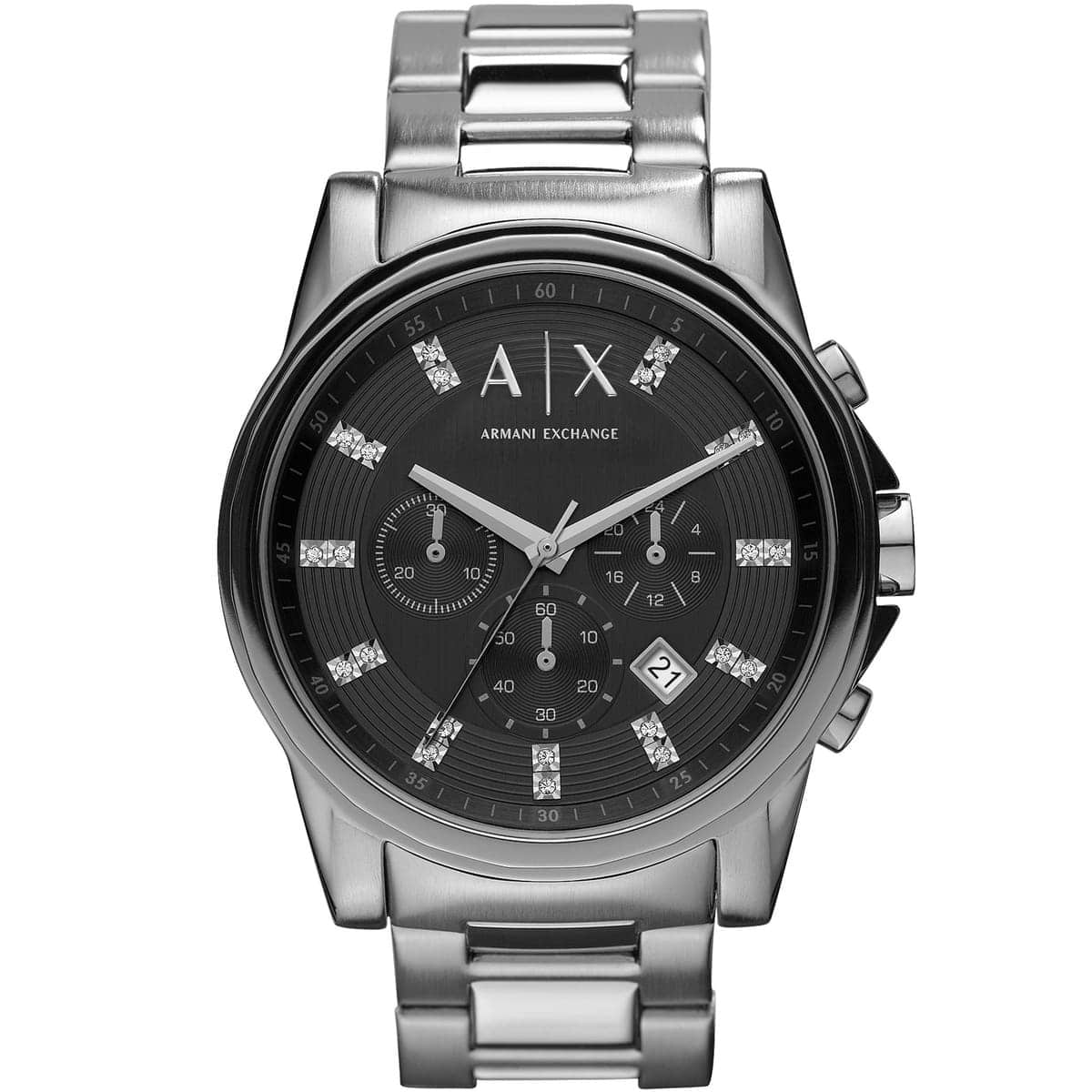 Armani Exchange AX2092 men's watch with black dial, diamond hour markers, chronograph subdials, and silver stainless steel bracelet