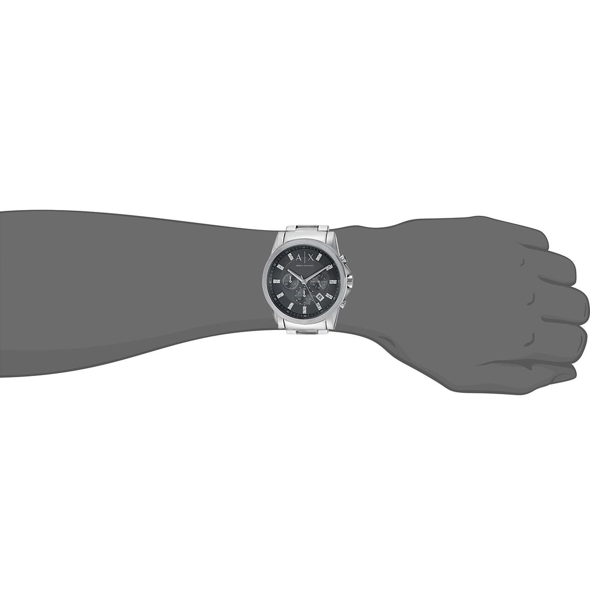 Armani Exchange AX2092 chronograph watch on wrist showing black dial and silver bracelet fit